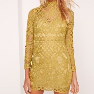 Missguided Petite Lace High Neck Chartreuse Dress